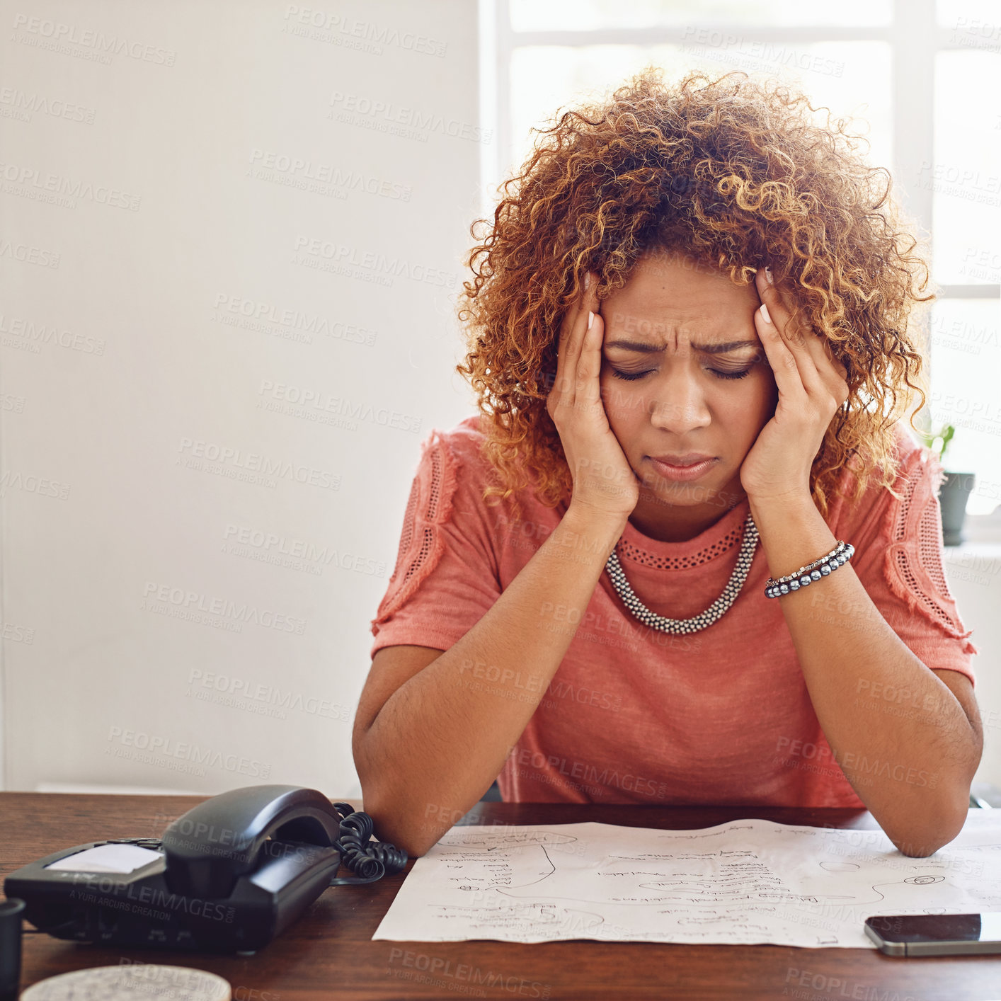 Buy stock photo Headache, documents or secretary with administration burnout, paperwork report or project deadline. Migraine pain, stress or frustrated woman at desk with research, agenda or human resources failure