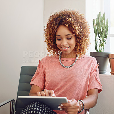 Buy stock photo Office, happy woman or designer with tablet for networking, technology or typing on social media. Smile, online or worker on internet blog for web design update or research on app or iot in agency