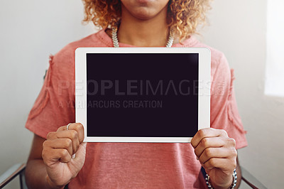 Buy stock photo Screen, hands or tablet in office for marketing or sale on website for advertising space. Blank closeup, choice or woman showing mockup option, news or technology offer on social media in an agency