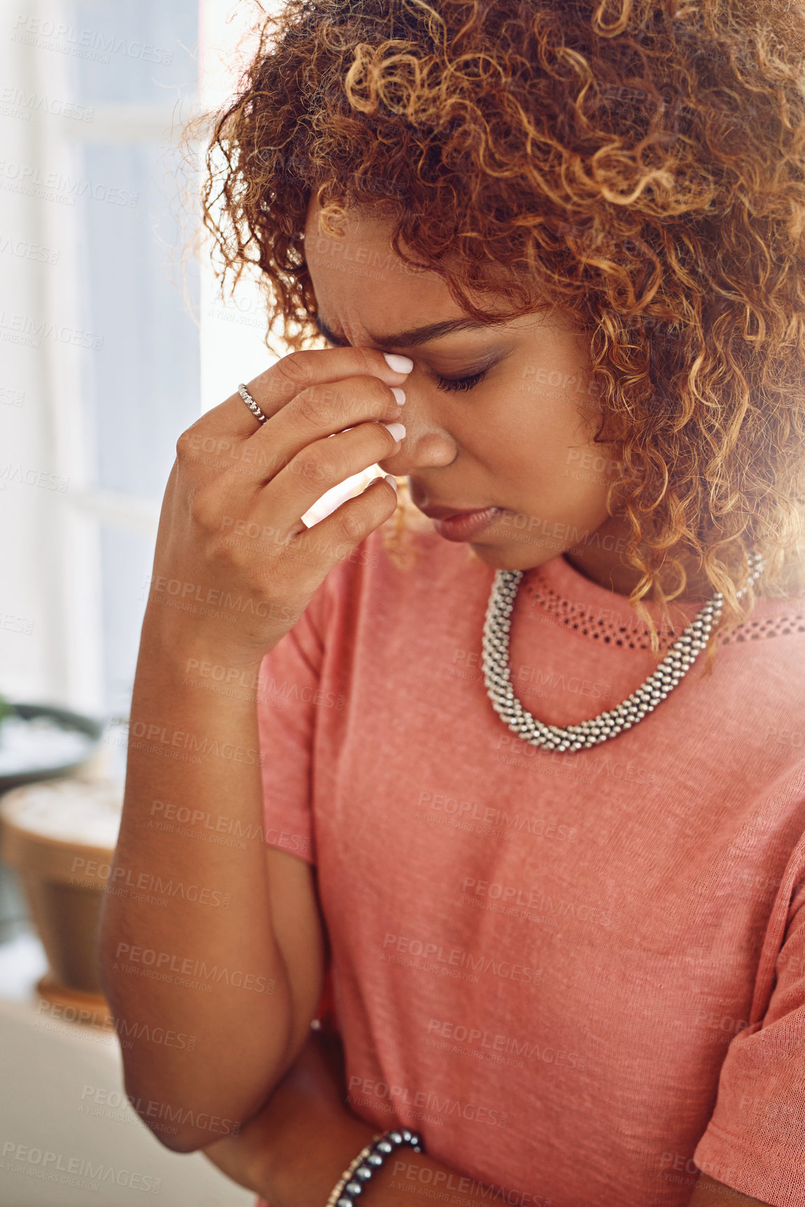 Buy stock photo Headache, burnout or woman in office for business crisis, report mistake or project deadline. Migraine pain, failure or frustrated secretary working with depression, grief or stress in workplace