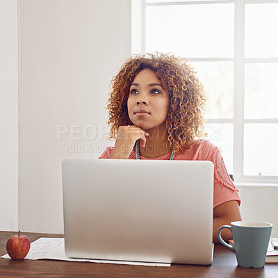 Buy stock photo Woman thinking, business or laptop for planning at desk with technology or internet in agency. African lady, office intern or worker working on computer, website and PC for online research with ideas
