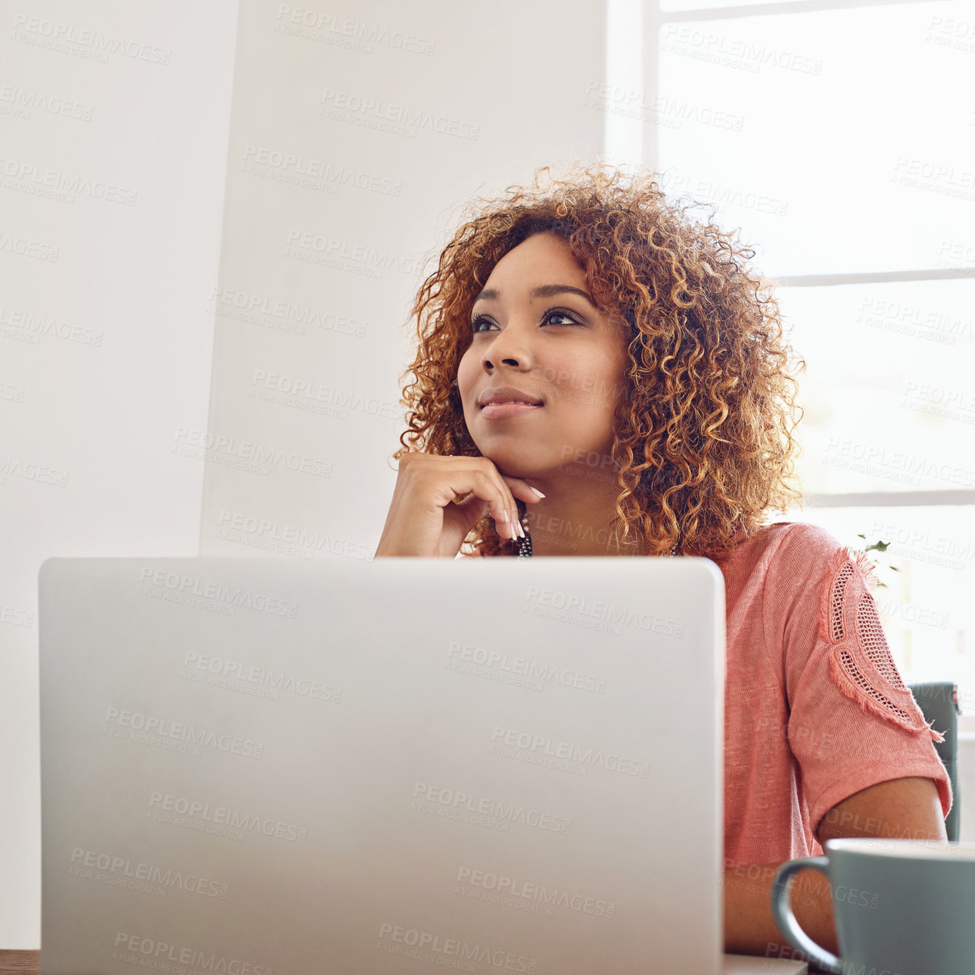 Buy stock photo Woman thinking, business student and laptop for research at desk, technology and internet in agency. African lady, office intern or working on computer, website and PC for planning online ideas