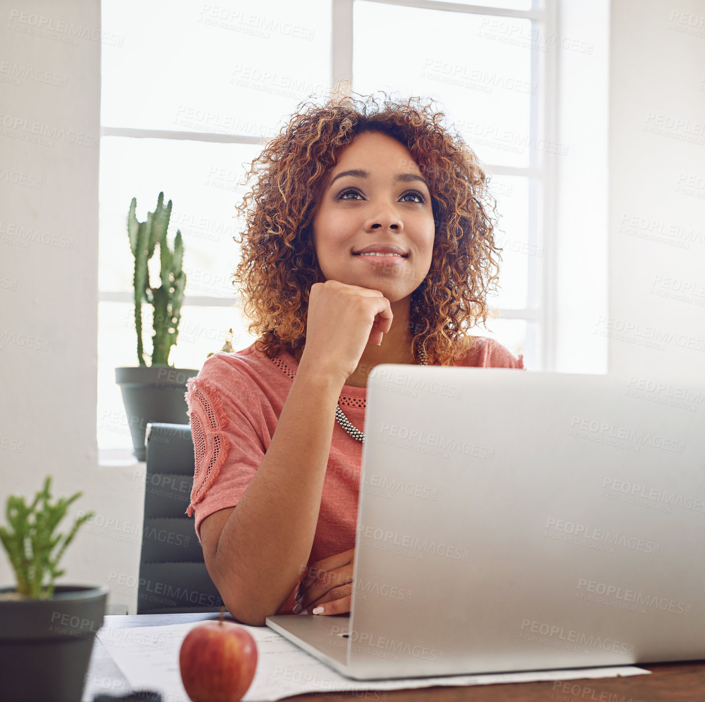 Buy stock photo Woman thinking, web design student or laptop for technology research, email or internet in office. Smile, intern or African lady working on computer, website or PC for planning online ideas or vision