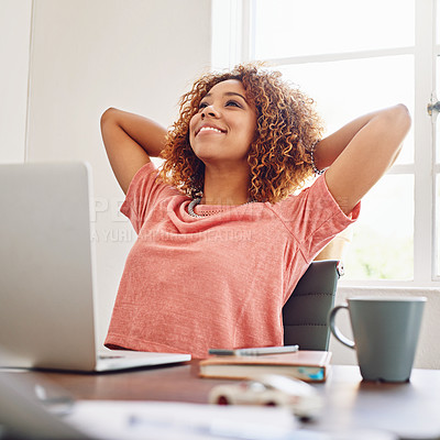 Buy stock photo Woman, relief and smile in home office with laptop, relax or daydream for goal, future or career. Happy seo expert, female creative and thinking for vision, memory or idea by computer for remote work