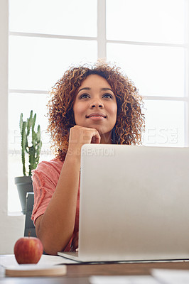 Buy stock photo Woman thinking, web design student or laptop for research, technology or internet in office. Network, intern or African lady working on computer, website or PC for planning online ideas or vision
