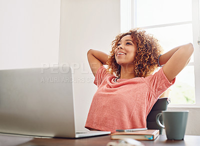 Buy stock photo Woman, relief and relax in office with laptop, smile and daydream for goals, future and career. Happy seo expert, female creative and thinking with vision, memory and ideas by computer in workplace