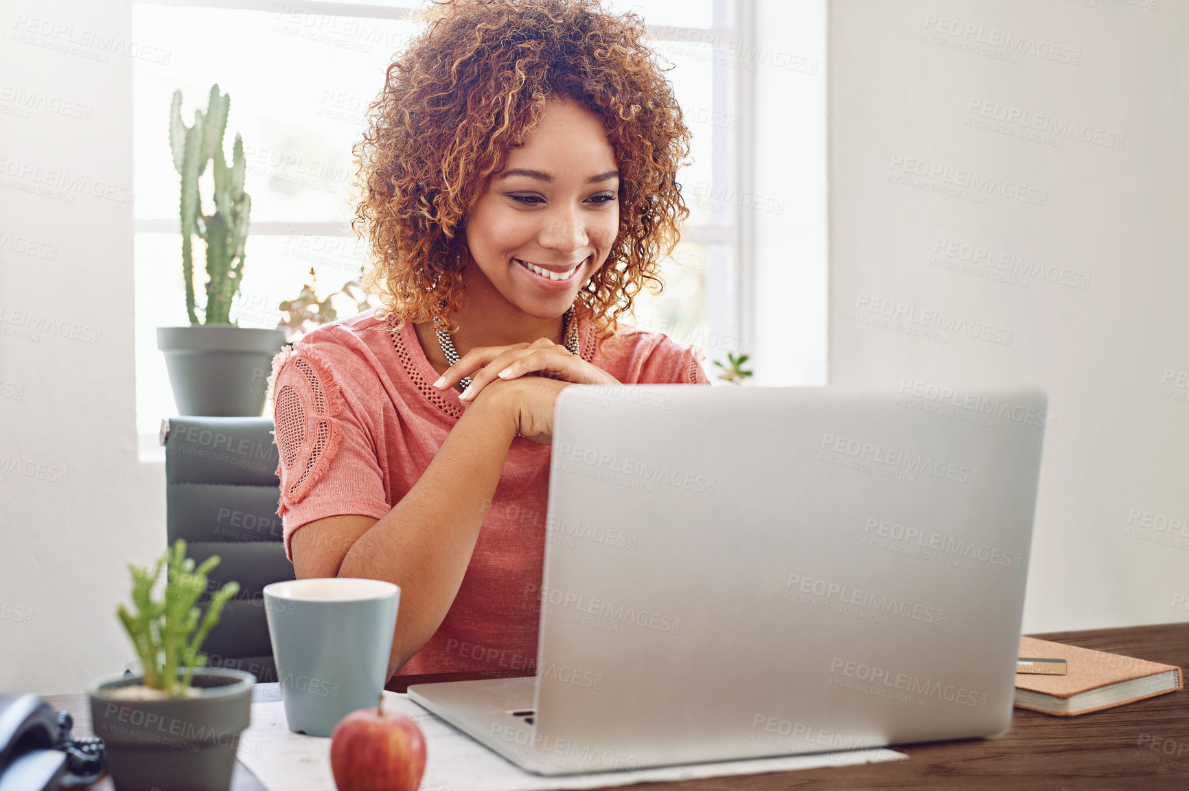 Buy stock photo Woman, business student and smile at laptop for planning, technology and internet in startup agency. Happy african female worker, office intern and connect on computer, website and online research