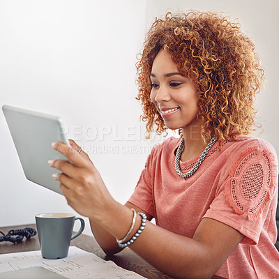 Buy stock photo Relax, happy woman or designer with chart for research, technology or graphs analysis on website. Reading data analytics, typing or person working stats update on app with coffee on break in office