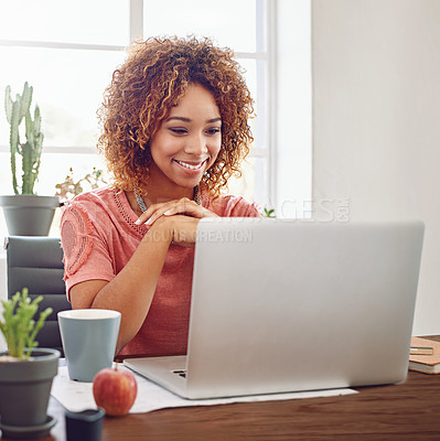 Buy stock photo Happy woman, business student and laptop for planning at desk, technology and internet in agency. Young african female, office intern and working on computer, website and smile for online research 