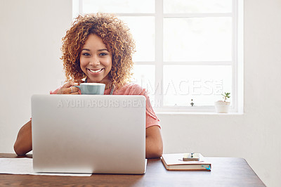 Buy stock photo Coffee, portrait or happy woman with laptop for research, technology or stats analysis on website. Remote work, typing or female worker in home office drinking tea, working on update or reading news