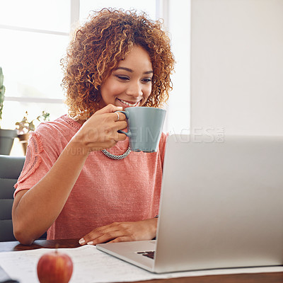 Buy stock photo Tea, happy woman or designer with laptop for research, technology or stats analysis on website. Data analytics, typing or female person in office drinking coffee, working on update or reading news