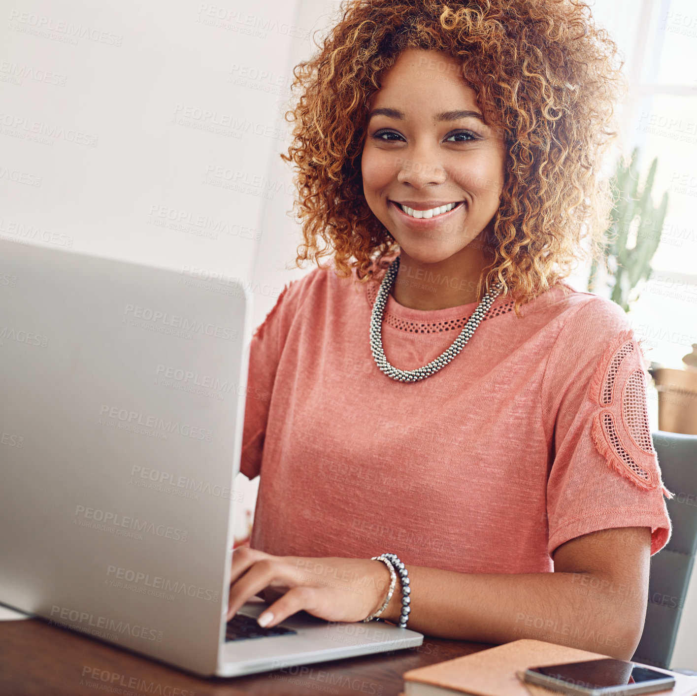 Buy stock photo Smile, portrait or woman with laptop for research, editing or copywriting on blog or website. Happy African person, internet or female worker in office, working on update, networking or reading news