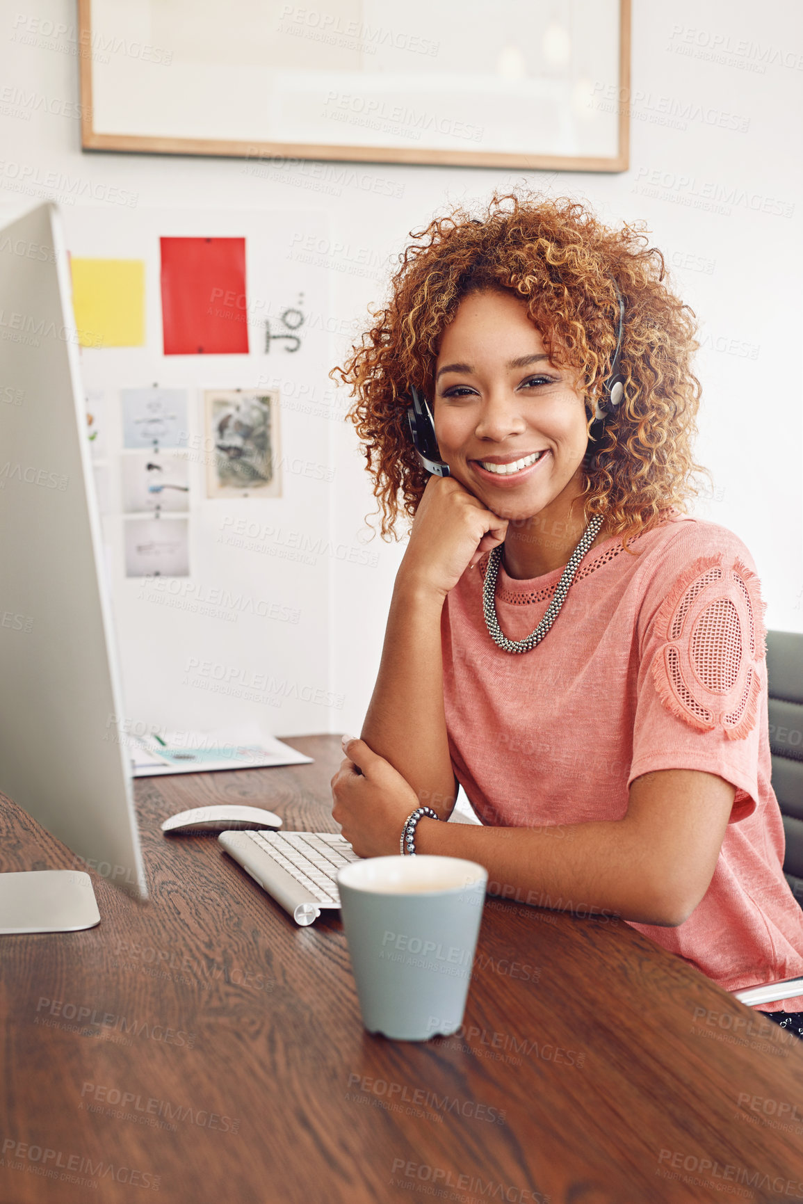 Buy stock photo Call center agent, happy portrait and woman at computer, help desk and customer services. African telemarketing consultant, online technical support and contact us for crm questions, sales or advice