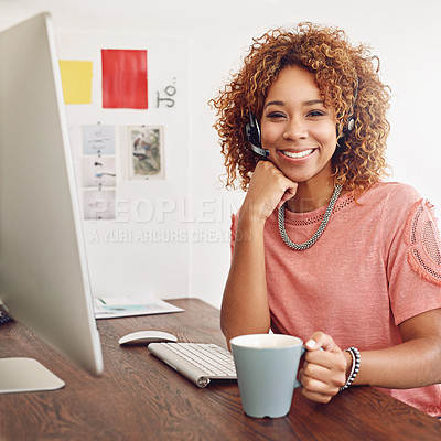 Buy stock photo Call center, happy woman and portrait for customer service, computer and coffee break in office. African telemarketing consultant, desktop and contact us for crm questions, sales and telecom advice