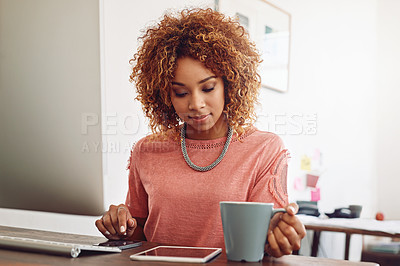Buy stock photo Office, coffee or designer with tablet for research, technology or analysis online on website at desk. News, phone or woman in startup drinking tea or working on digital update on internet or app