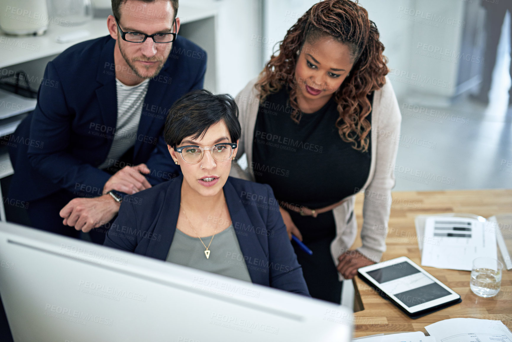 Buy stock photo People, computer and advice in office for business, brainstorming and learning software. Woman leader, team and tech in workplace for finance innovation, workshop and information review for growth