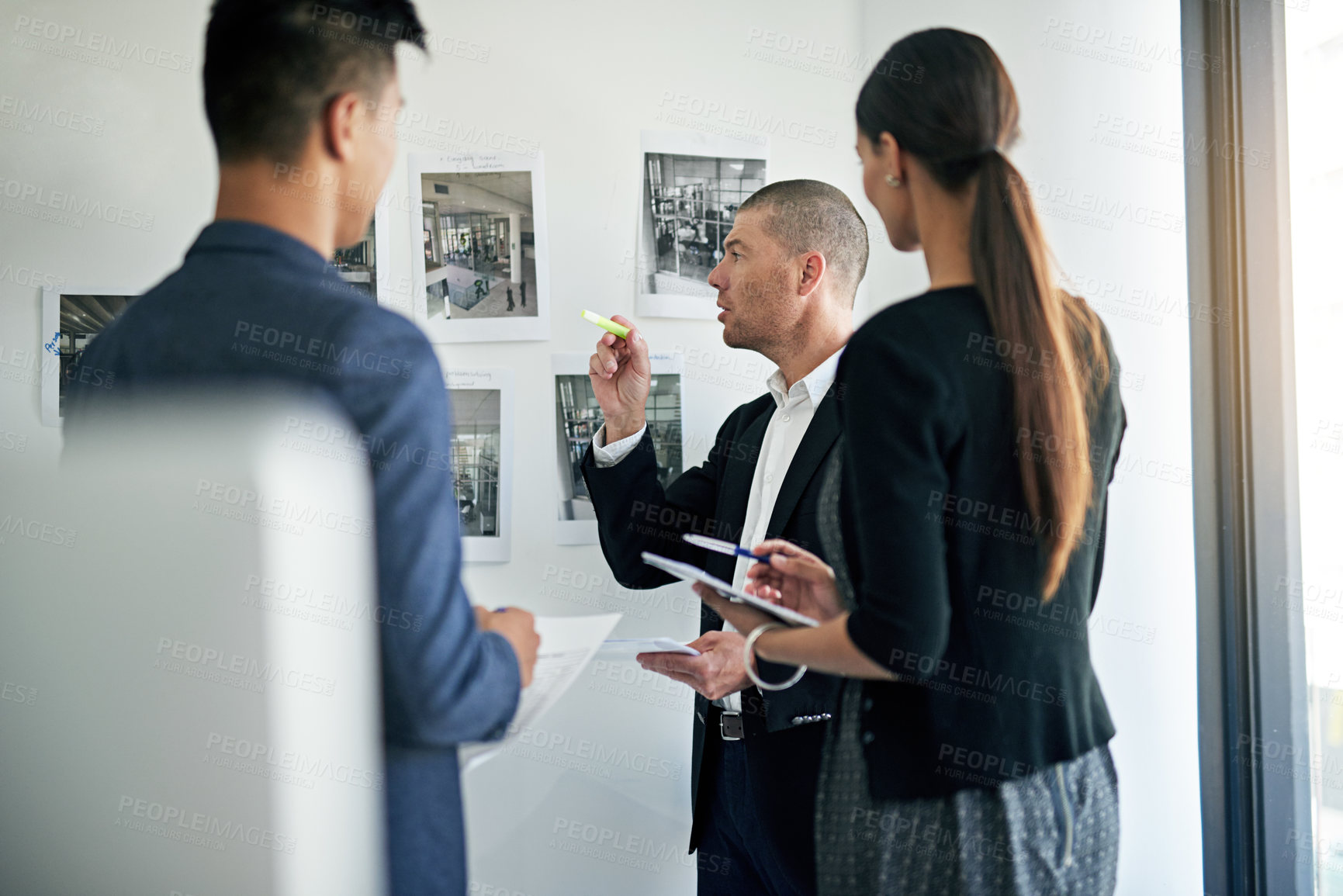 Buy stock photo Documents, discussion and business people in meeting with idea, office investigation and thinking. Collaboration, diversity and project manager planning with brainstorming, growth and strategy