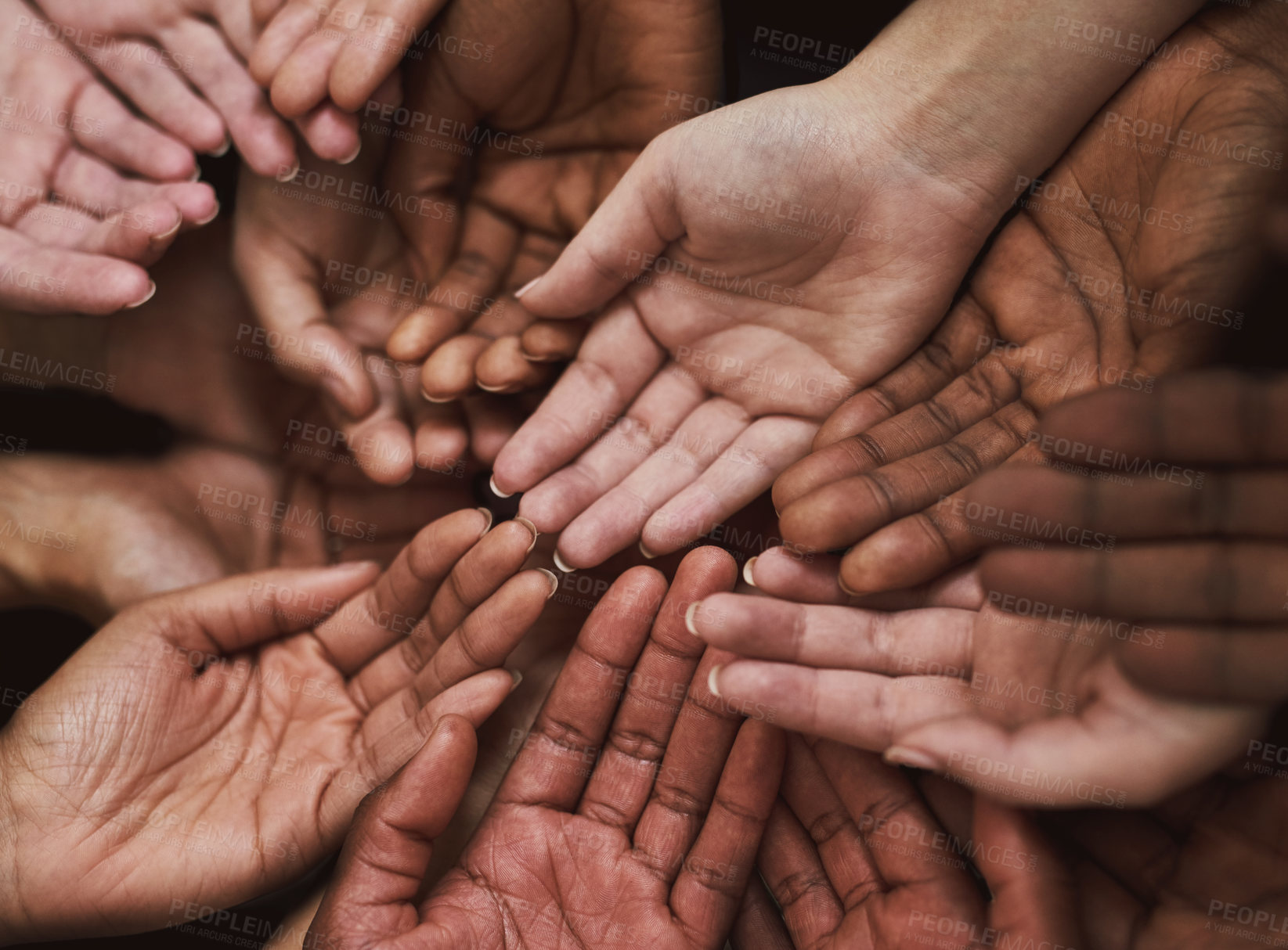 Buy stock photo People, group and palm of hands together for support, charity and diversity of a crowd in solidarity. Closeup of women asking for help, donation or kindness of a community with hope and care