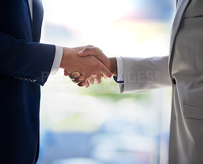 Buy stock photo Business people, shaking hands and corporate deal or agreement for b2b merger, teamwork or partnership. Collaboration, fingers and welcome contract or networking for promotion, interview or hello