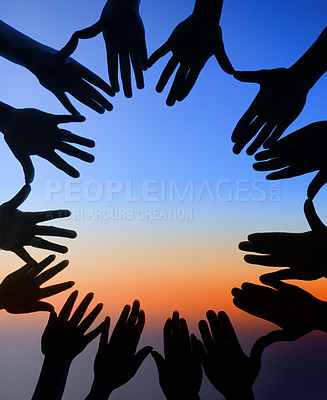 Buy stock photo Shot of a group of hands spread out together in a circle