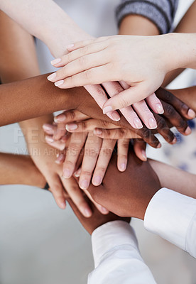 Buy stock photo Teamwork, community and hands of diverse people above in circle for unity, corporate partnership and hope. Collaboration, support and equality of employees meeting for cooperation, growth and goals
