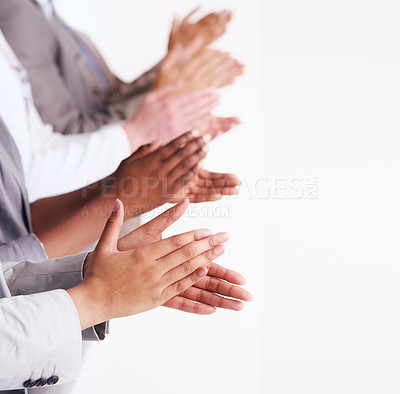 Buy stock photo Business people, teamwork and applause in meeting for presentation, cooperation or collaboration in studio. Hands, group and clapping for congratulation, achievement or support with white background 