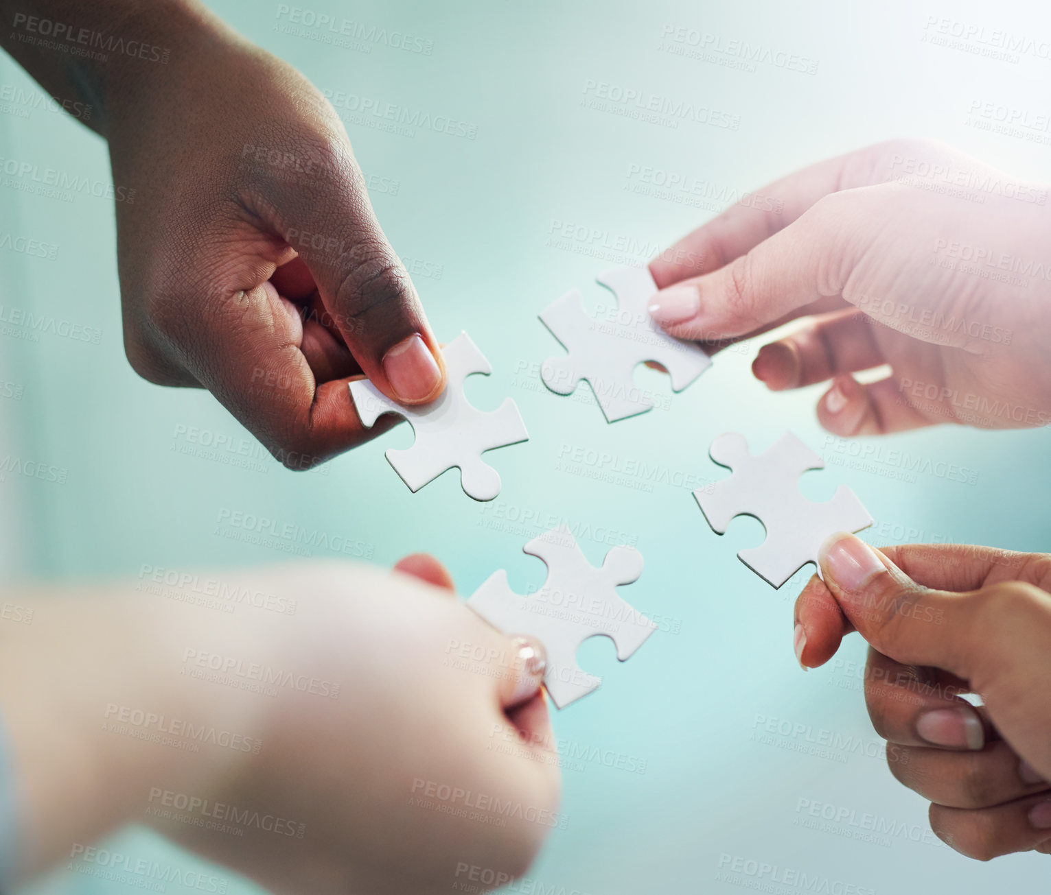 Buy stock photo Business people, hands and puzzle piece for problem solving as teamwork, project planning or brainstorming. Fingers, partnership and jigsaw for creative strategy as engineers, connection or solution