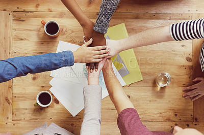 Buy stock photo Hands, teamwork and business people in circle together for collaboration, community support and diversity. Group, employees or colleagues in huddle for connection, partnership and solidarity