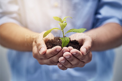 Buy stock photo Shot of hands holding a pile of soil with a plant in