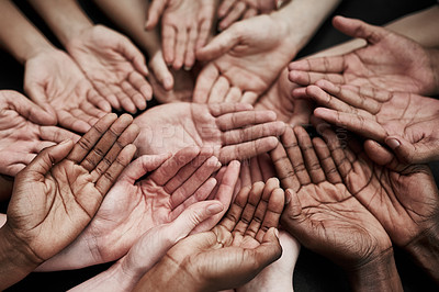Buy stock photo Diversity, together and group of hands for unity, collaboration or support in society or community. Team building, friends and palms of people with growth, synergy or connection for charity for poor.