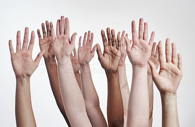 Buy stock photo Group, people and hands in studio with vote for human rights, gender equality or members with support. Collaboration, community or campaign for abortion laws or protest for change on white background