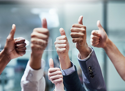 Buy stock photo Shot of a group of hands showing thumbs up