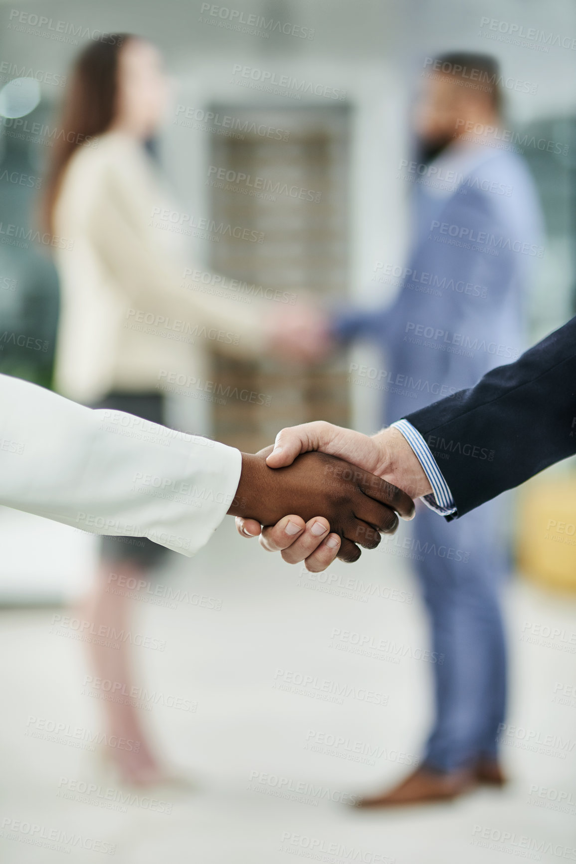 Buy stock photo Handshake, deal and business people in office with partnership, collaboration or b2b agreement. Professional, meeting and professional lawyers shaking hands for greeting or welcome in workplace.