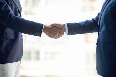 Buy stock photo People, partnership and handshake in office for welcome, hiring and recruitment opportunity. Team, hands and touching in workplace for business deal with achievement, job promotion and introduction
