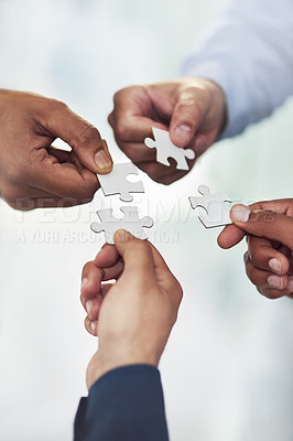 Buy stock photo Teamwork, hands and business people with puzzle for unity or collaboration with joint effort for project. Group, diversity and pieces together for planning or partnership, union and engagement.