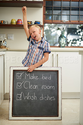 Buy stock photo House, chalkboard and excited boy with task, checklist or success celebration in kitchen. To do list, done and kid at home for learning, accountability and responsibility with fun, note or reminder