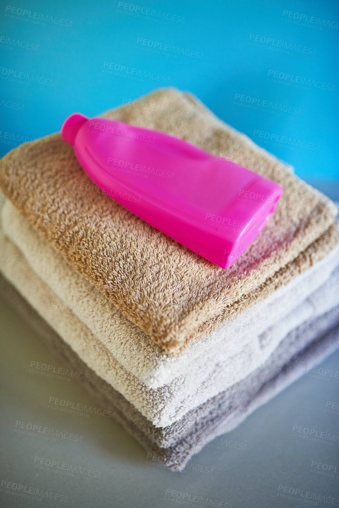 Buy stock photo Towels, detergent and washing laundry or chemical for cleaning cotton or bacteria, product or household. Cloth, sanitary and folded for neat organizing or linen with soap as service, stack or hygiene