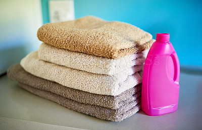 Buy stock photo Towels, detergent and washing laundry for hygiene for spring cleaning home or bacteria, product or household. Cloth, sanitary and folded for neat organizing or soft linen cleanser, service or stack