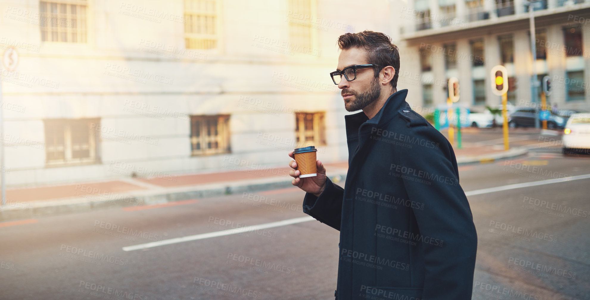 Buy stock photo Business man, coffee and walking in city for travel to work, lunch break and morning journey on sidewalk. Corporate lawyer, latte and commute in urban downtown or schedule in London with glasses