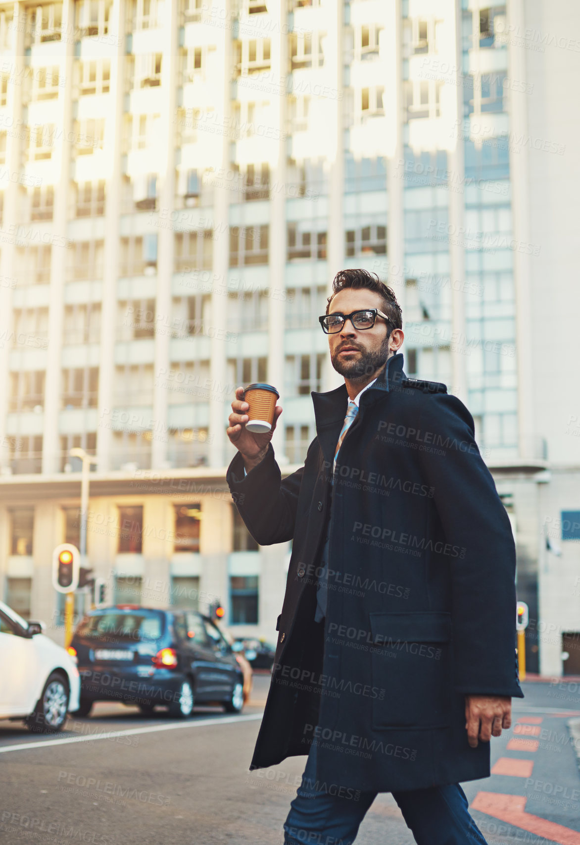 Buy stock photo Road, walking and businessman in morning for travel, commute and journey to workplace in London. City, male person or lawyer in hurry for employment location, coffee cup and beverage for drinking