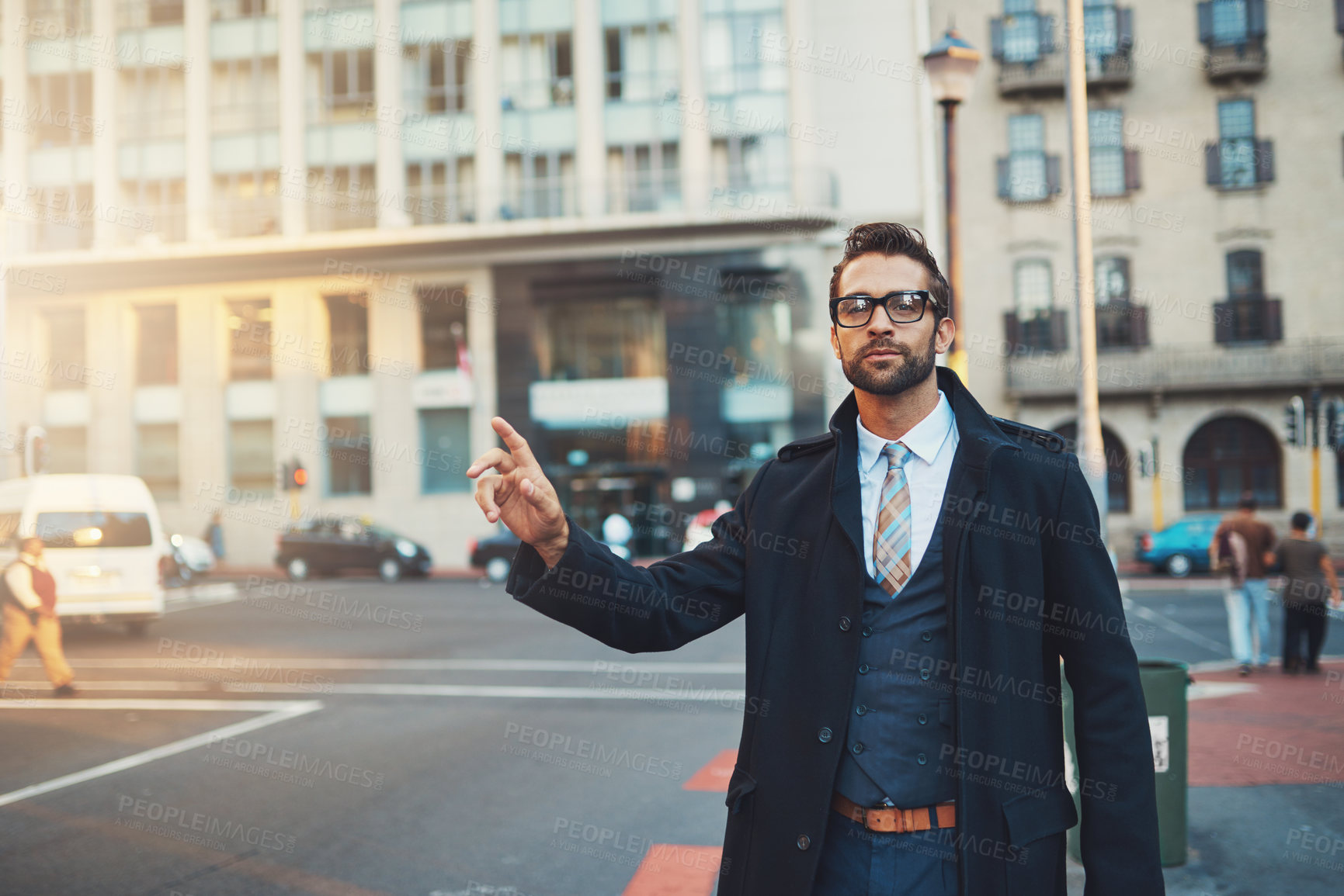 Buy stock photo Hand, taxi and businessman with travel in city for morning transport, attention and commute to work. Corporate, professional person and gesture with hail by road for stop, calling and waiting for cab