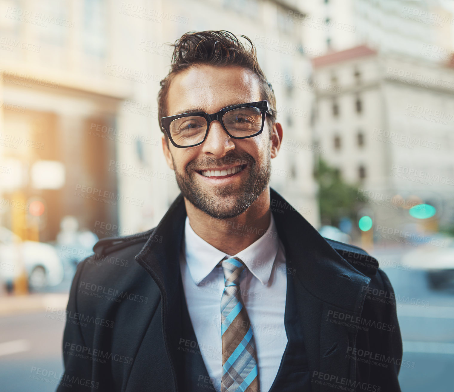 Buy stock photo Portrait, business and man in city, glasses and smile with urban town, corporate clothes and joy. Face, employee and consultant in street, stylish outfit and eyewear with travel, commute and fashion