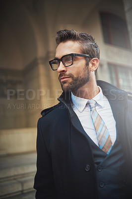 Buy stock photo Thinking, business and man in city, travel and commute with fashion, solution and ideas. Person, employee and consultant in street, glasses for clear vision and professional with corporate clothes