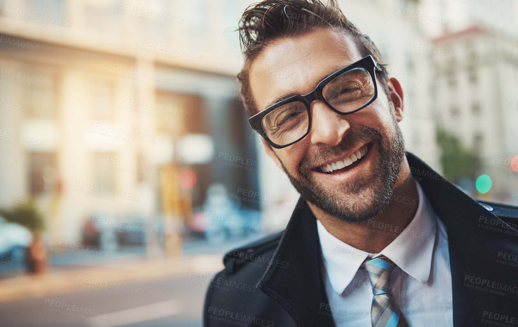 Buy stock photo Portrait, business and man with fashion, outdoor and glasses with urban town, corporate clothes and smile. Face, employee and consultant in street, stylish outfit and eyewear with travel and New York