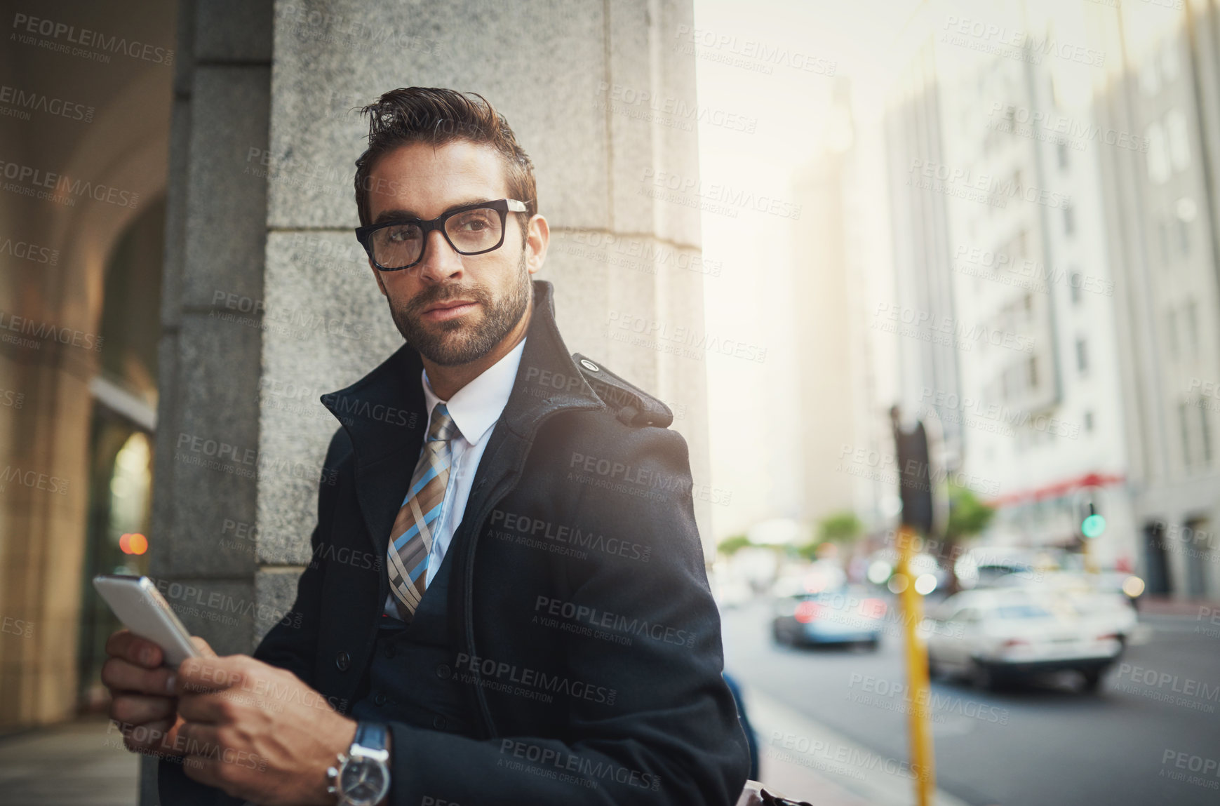 Buy stock photo Businessman, phone and lawyer thinking in city, commute and client networking for legal advice. Male person, contemplating and attorney for case research or planning, contact and travel in town