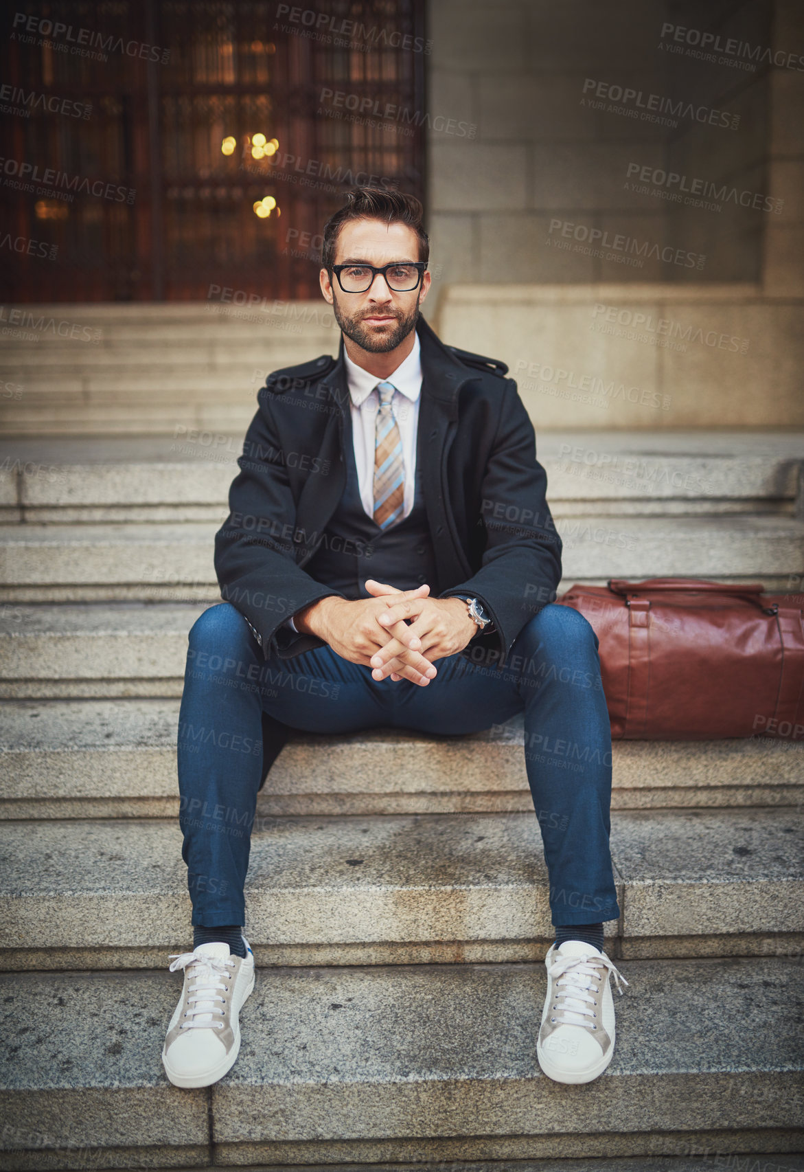 Buy stock photo City, stairs and portrait of businessman on building, government court and law firm office. Professional, serious and person on steps with confidence for lawyer career, job opportunity or legal work