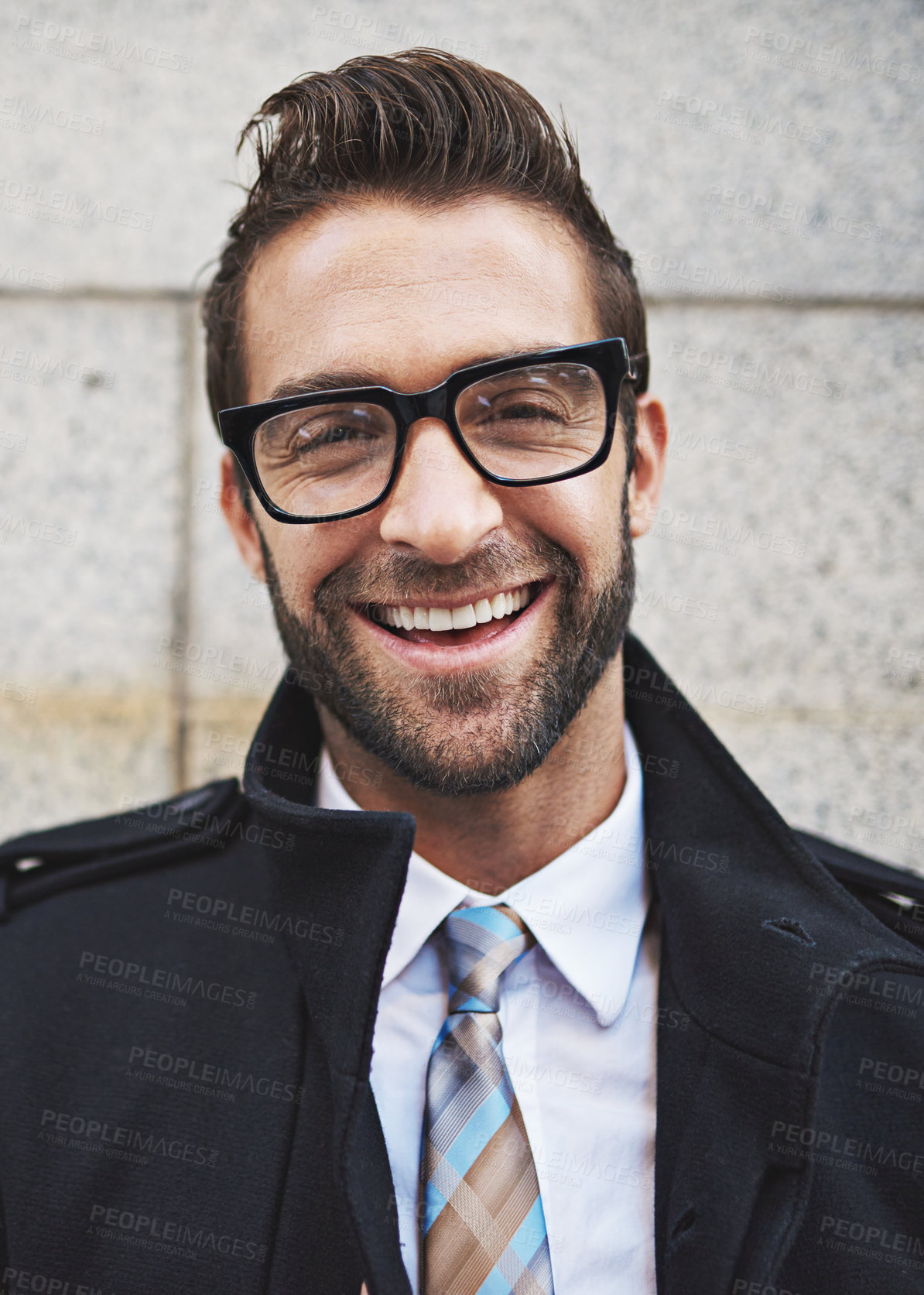 Buy stock photo Portrait, business and man with glasses, outdoor and joy with urban town, corporate clothes and smile. Face, employee and consultant in street, stylish outfit and eyewear with fashion and commute