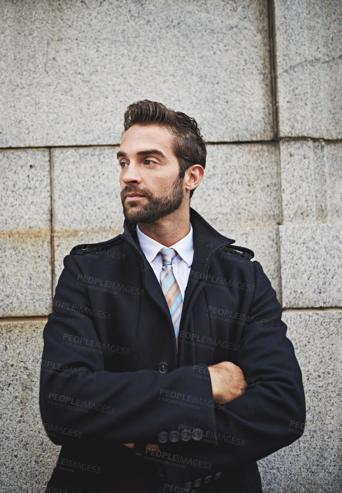 Buy stock photo Thinking, arms crossed and man in city, travel and commute with fashion, solution and business. Person, idea and consultant in street, employee and professional with corporate clothes and vision