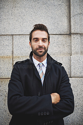 Buy stock photo Portrait of a confident young businessman in the city