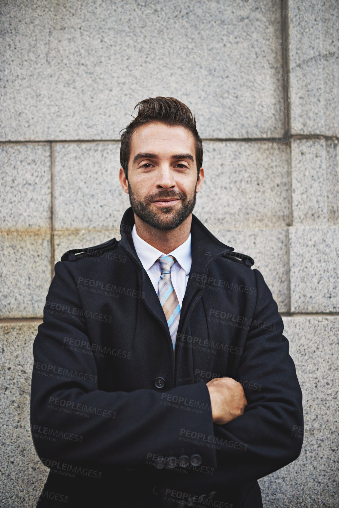 Buy stock photo Crossed arms, city and portrait of business man with confidence, ambition and company pride. Corporate, professional and happy worker in urban town for career, job opportunity and travel in morning